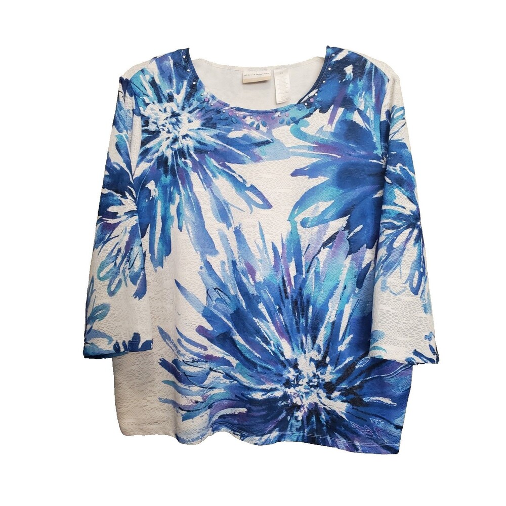Alfred Dunner Woman Floral Print Mesh Burnout Studded Lined 3/4 Sleeve Tunic 2X
